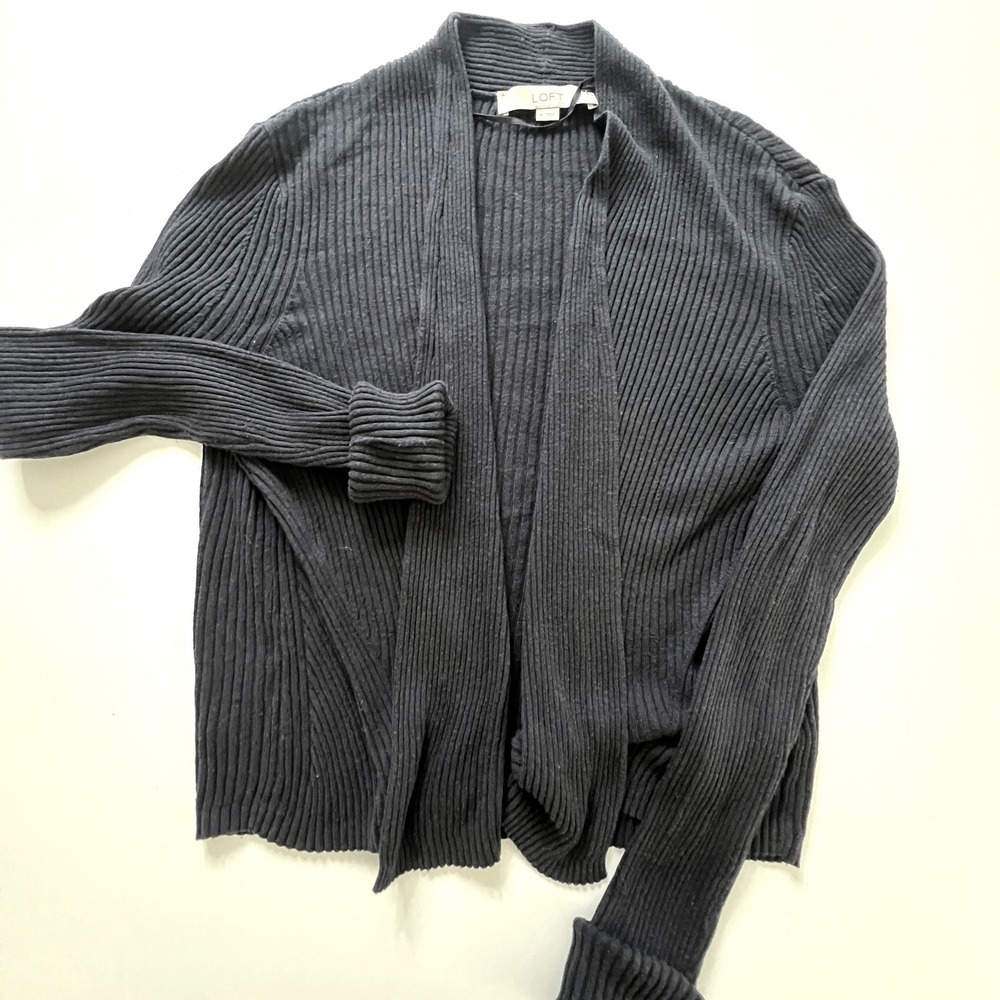 LOFT Ann Taylor Navy Ribbed Open Front Silk Blend Cardigan Sweater Womens Medium